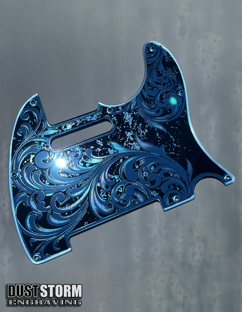 Engraved 8 Hole Pickguard for Fender Telecaster in Blue Patina Acrylic Mirror American/Mexican Tele Guitar Scratch Plate Standard or Humbucker Cut Available