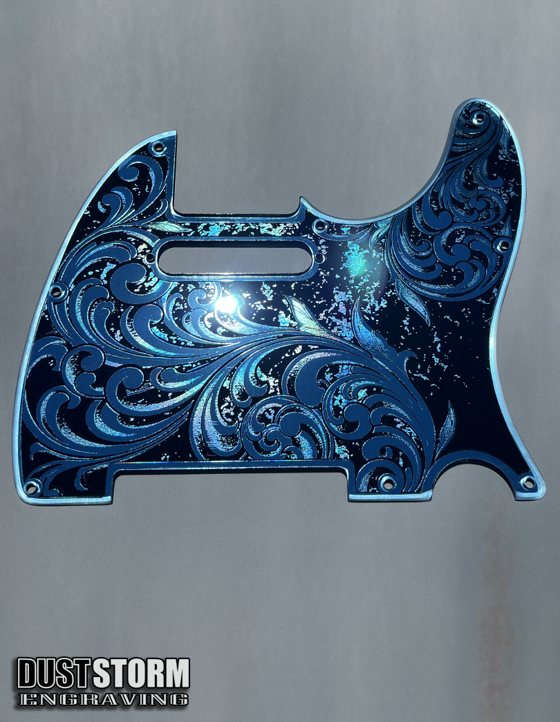 Engraved 8 Hole Pickguard for Fender Telecaster in Blue Patina Acrylic Mirror American/Mexican Tele Guitar Scratch Plate Standard or Humbucker Cut Available