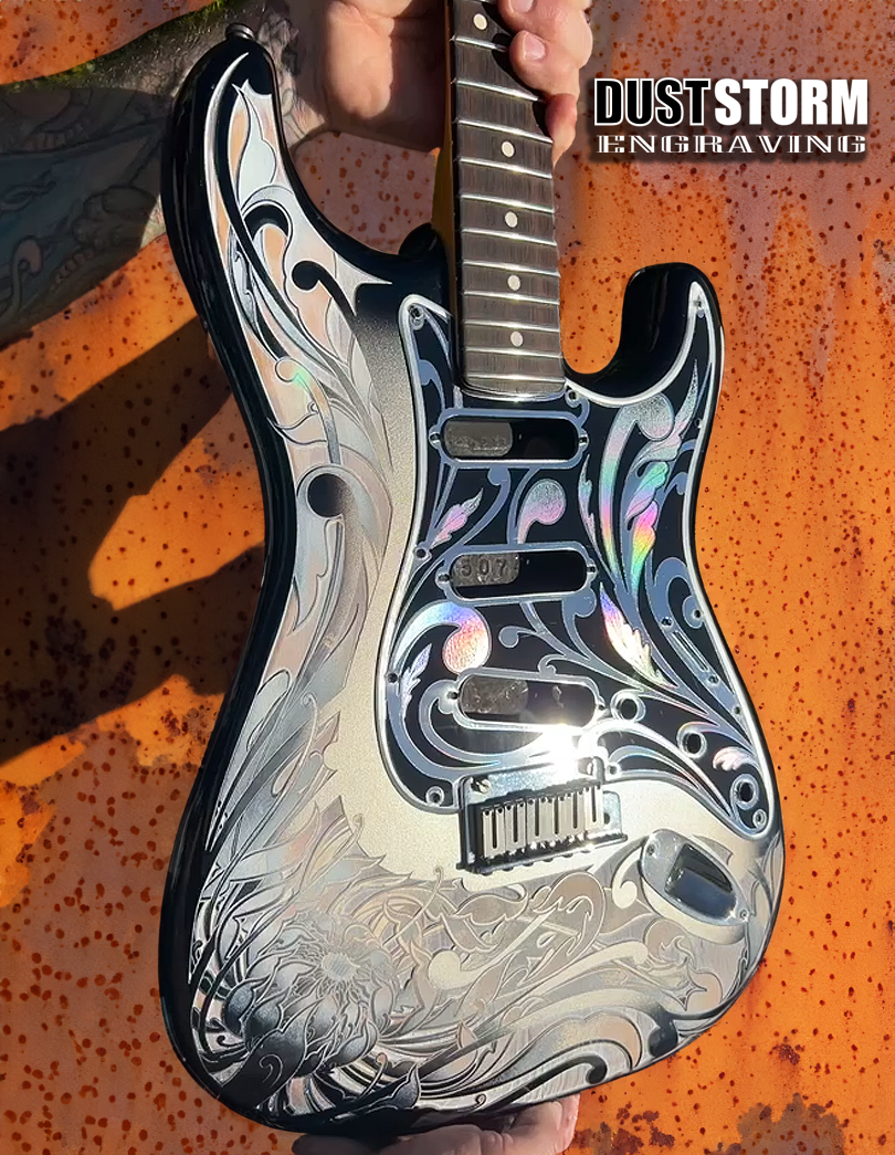 Client Supplied Fender Stratocaster Engraved with Our 1st Fender Design (Custom Pickguard and Tremolo Cover Included)