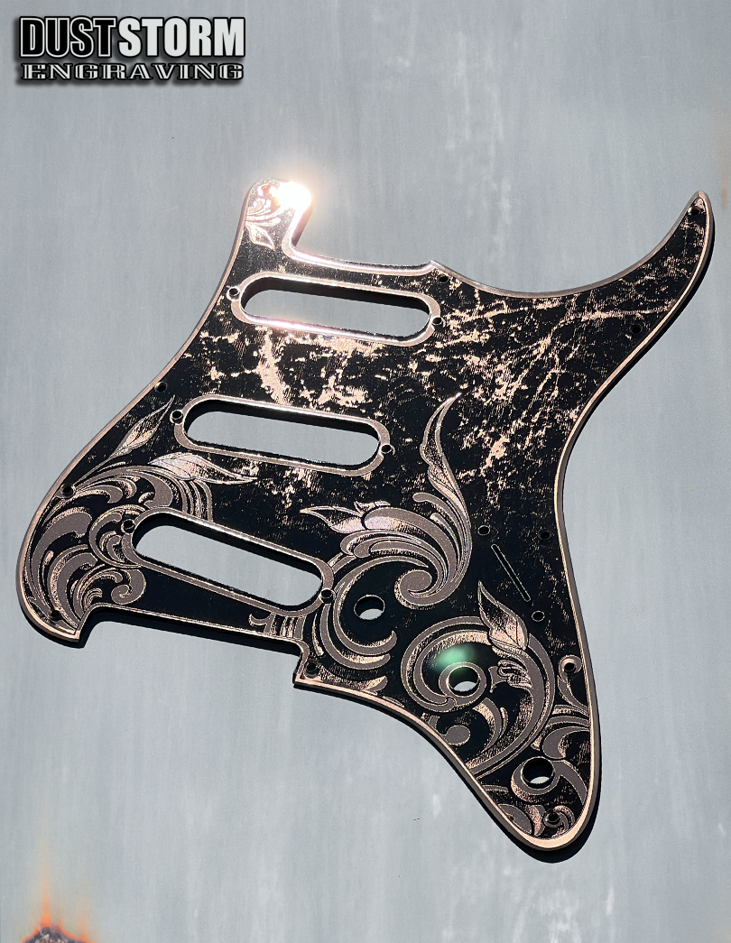 Engraved Pickguard & Free Tremolo Cover in Copper Acrylic Mirror Design #4 for Fender Stratocaster SSS, HSS, HSH Setups Available