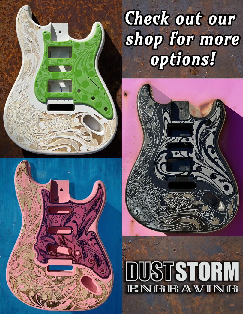 Custom Laser Engraved Blue Sparkle Fender Strat Style Guitar Body with White and Gold Layered Pickguard with White Tremolo Cover HSH, HSS, SSS Setups Available