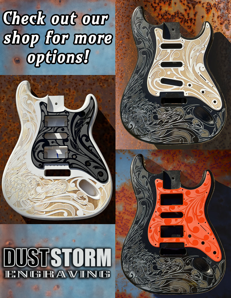 Custom Laser Engraved White Fender Strat Style Guitar Body with Glossy Orange Acrylic Pickguard and Tremolo Cover HSH, HSS, SSS Setups Available