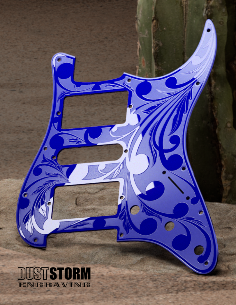Black Sparkle XGP Stratocaster Style Laser Engraved Guitar Body with Solid Royal Blue Acrylic Pickguard and Tremolo Cover HSH, HSS, SSS Setups Available