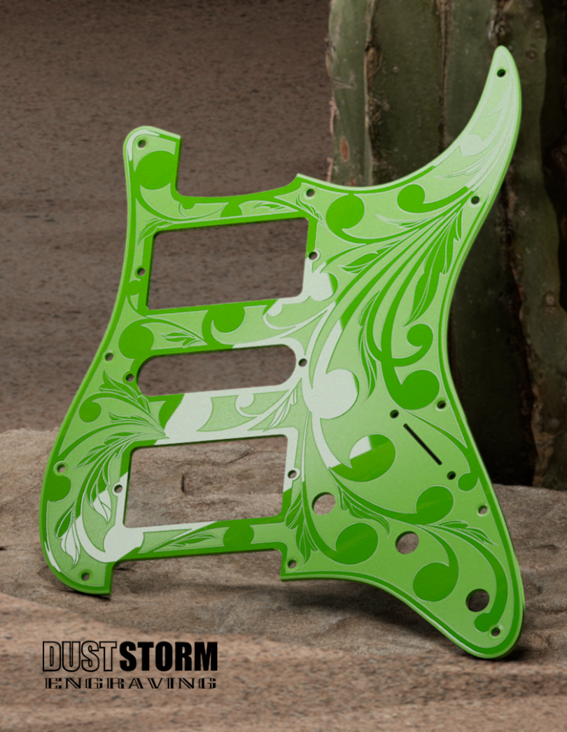 Black Sparkle XGP Stratocaster Style Laser Engraved Guitar Body with Solid Slimer Green Acrylic Pickguard and Tremolo Cover HSH, HSS, SSS Setups Available