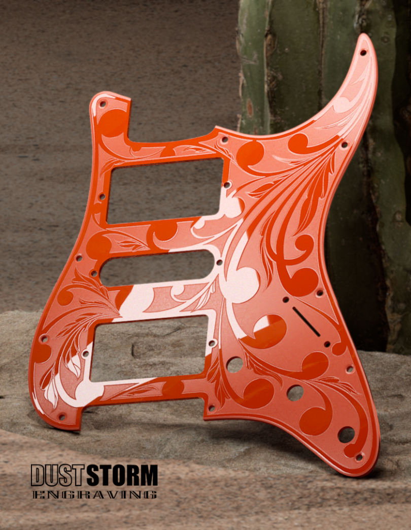 Custom Laser Engraved White Fender Strat Style Guitar Body with Glossy Orange Acrylic Pickguard and Tremolo Cover HSH, HSS, SSS Setups Available