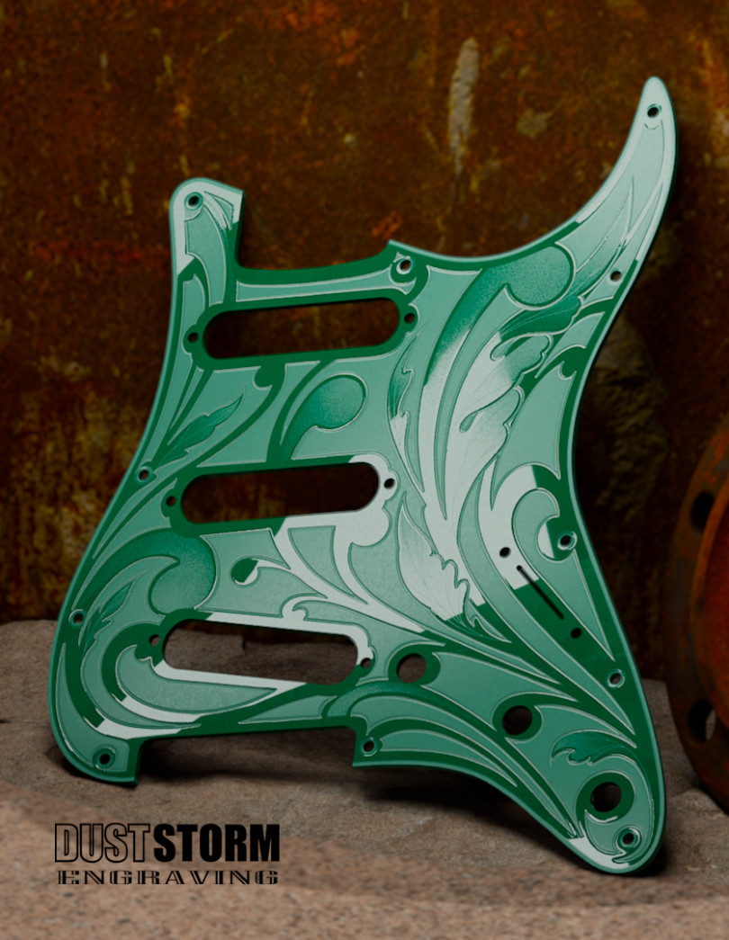 Engraved Pickguard & Free Tremolo Cover in Glossy Acrylic 10 Solid Color Choices Design #1 for Fender Stratocaster HSH, HSS, SSS Setups Available