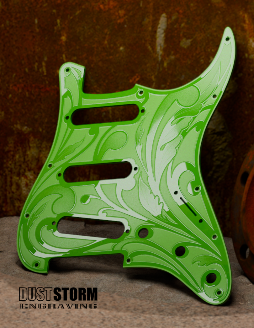 Engraved Pickguard & Free Tremolo Cover in Glossy Acrylic 10 Solid Color Choices Design #1 for Fender Stratocaster HSH, HSS, SSS Setups Available