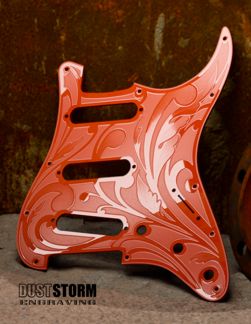 Engraved Pickguard & Free Tremolo Cover in Glossy Acrylic 10 Solid Color Choices Design #1 for Fender Stratocaster HSH, HSS, SSS Setups Available