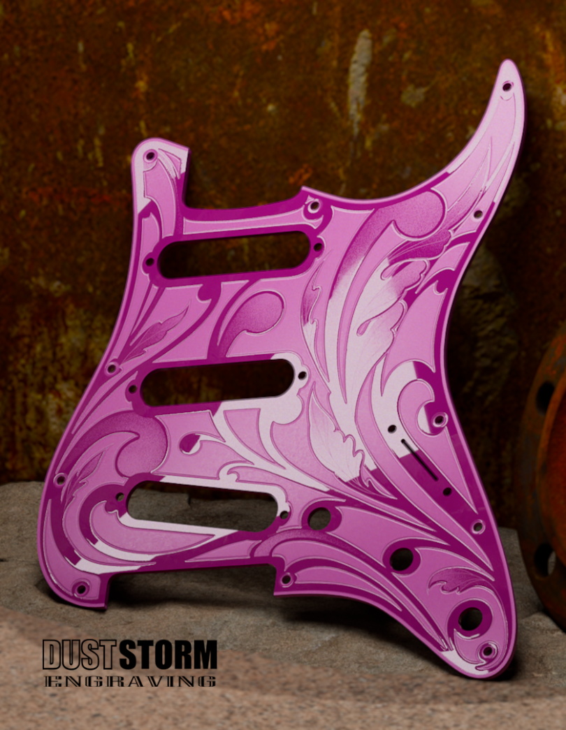 Engraved Pickguard & Free Tremolo Cover in Glossy Acrylic 10 Solid Color Choices Design #1 for Fender Stratocaster HSH, HSS, SSS Setups Available