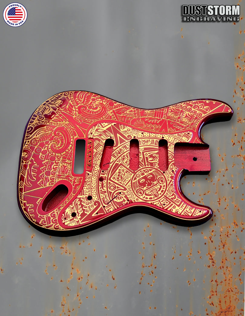 Mayan Calendar Engraved Fender Strat Style Guitar Body Sparkle Red with Pickguard and Tremolo Cover Gold Acrylic Mirror HSH, HSS, SSS Setups Available