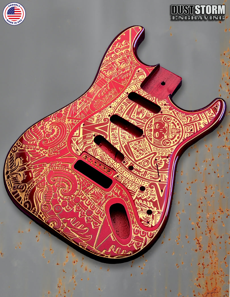 Mayan Calendar Engraved Fender Strat Style Guitar Body Sparkle Red with Pickguard and Tremolo Cover Gold Acrylic Mirror HSH, HSS, SSS Setups Available