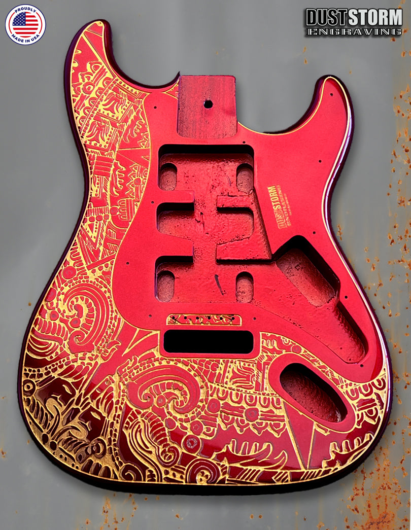 Mayan Calendar Engraved Fender Strat Style Guitar Body Sparkle Red with Pickguard and Tremolo Cover Gold Acrylic Mirror HSH, HSS, SSS Setups Available