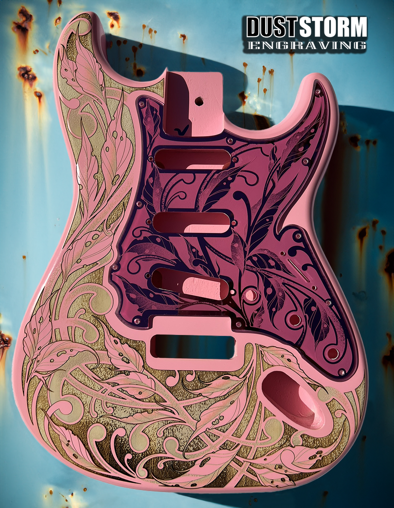 Custom Laser Engraved Pink Fender Strat Style Guitar Body with Pink Acrylic Mirror Pickguard and Tremolo Cover HSH, HSS, SSS Setups Available