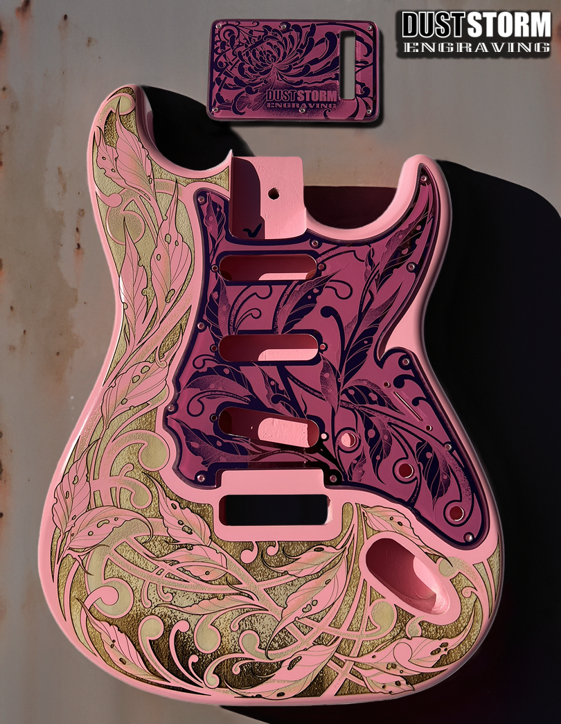 Custom Laser Engraved Pink Fender Strat Style Guitar Body with Pink Acrylic Mirror Pickguard and Tremolo Cover HSH, HSS, SSS Setups Available