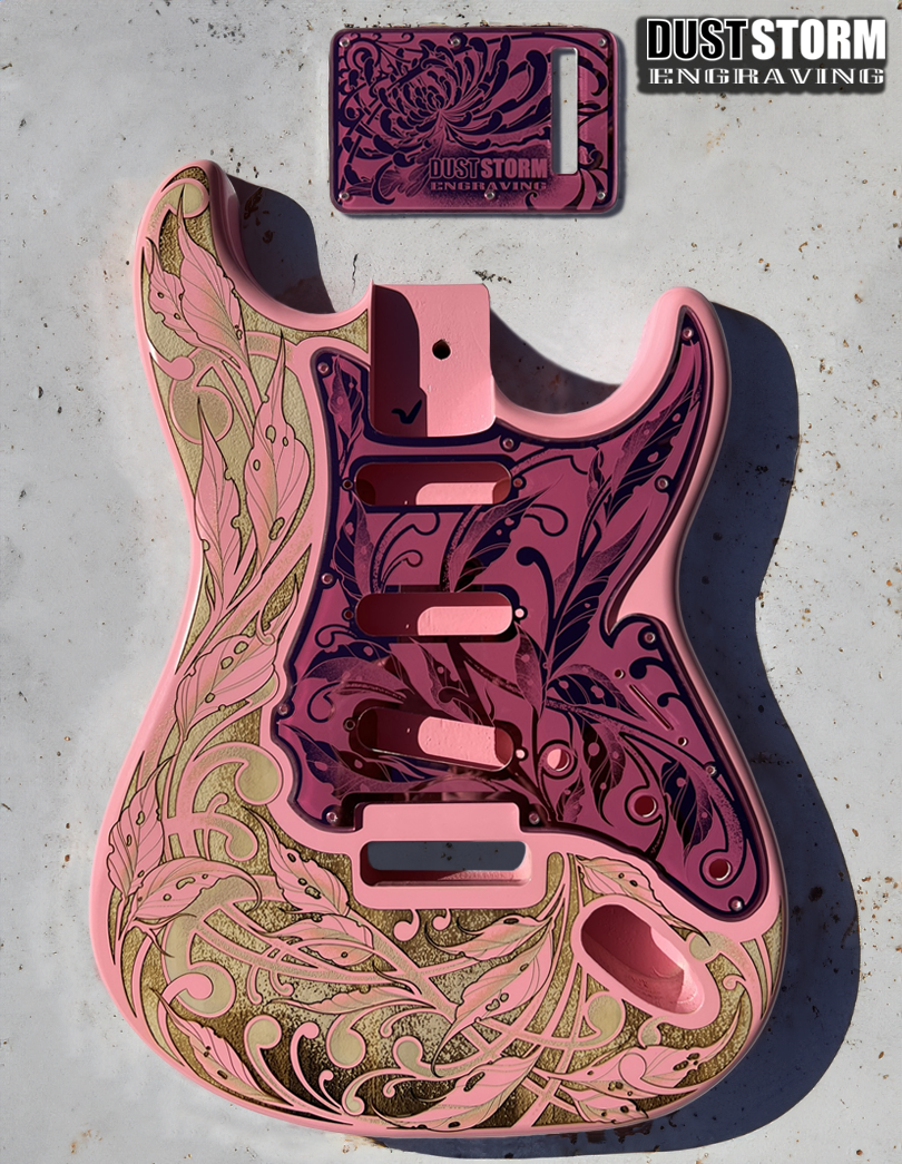 Custom Laser Engraved Pink Fender Strat Style Guitar Body with Pink Acrylic Mirror Pickguard and Tremolo Cover HSH, HSS, SSS Setups Available