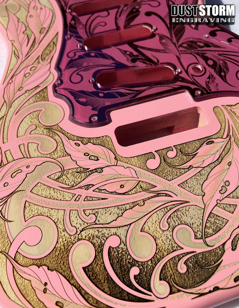 Custom Laser Engraved Pink Fender Strat Style Guitar Body with Pink Acrylic Mirror Pickguard and Tremolo Cover HSH, HSS, SSS Setups Available