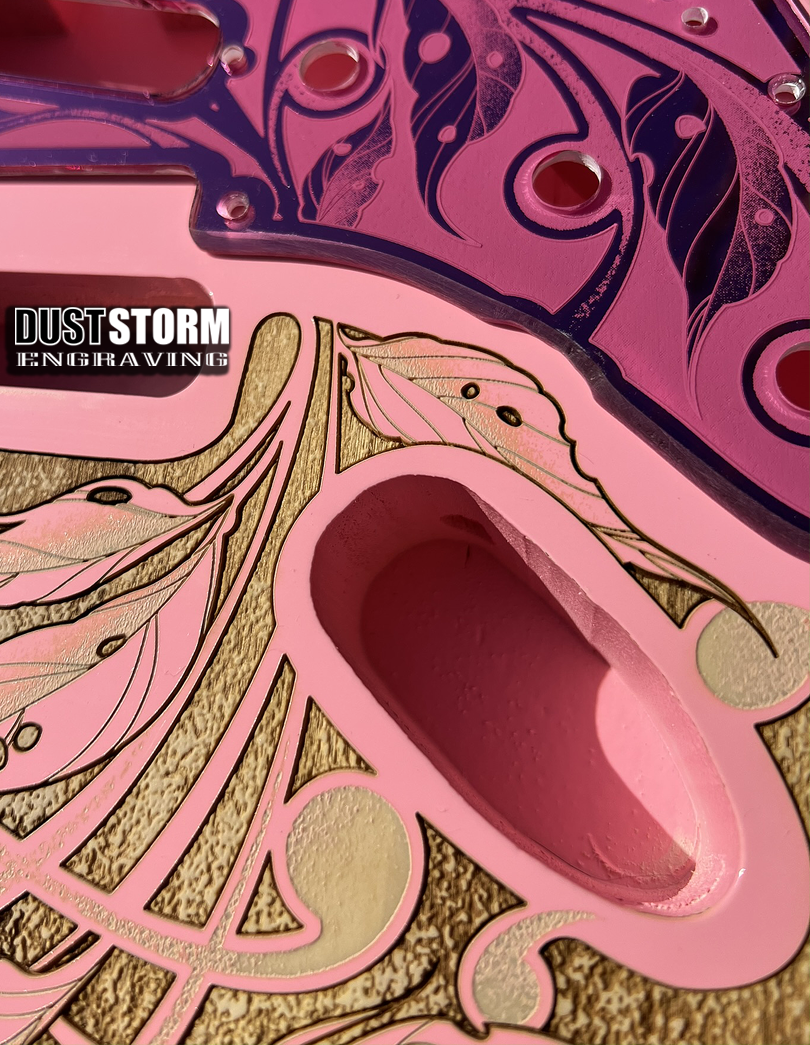 Custom Laser Engraved Pink Fender Strat Style Guitar Body with Pink Acrylic Mirror Pickguard and Tremolo Cover HSH, HSS, SSS Setups Available