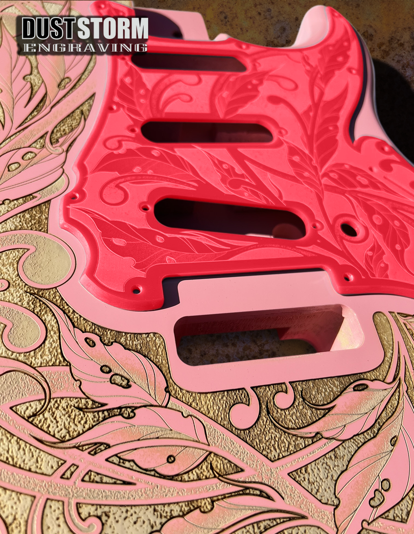 Custom Laser Engraved Pink Fender Strat Style Guitar Body with Glossy Red Acrylic Pickguard and Tremolo Cover HSH, HSS, SSS Setups Available