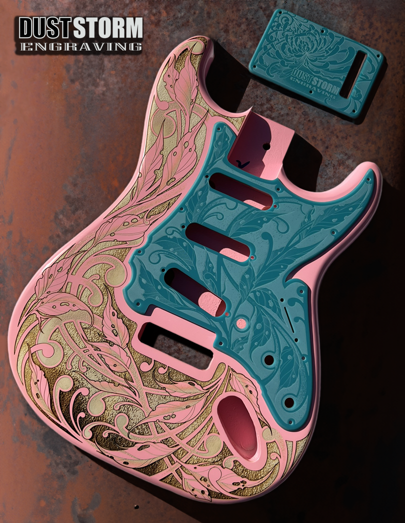 Custom Laser Engraved Pink Fender Strat Style Guitar Body with Glossy Teal Acrylic Pickguard and Tremolo Cover HSH, HSS, SSS Setups Available