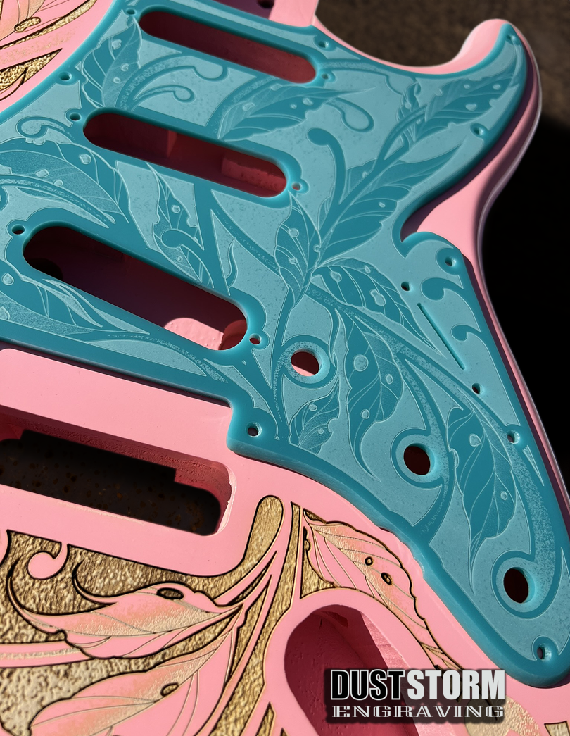 Custom Laser Engraved Pink Fender Strat Style Guitar Body with Glossy Teal Acrylic Pickguard and Tremolo Cover HSH, HSS, SSS Setups Available