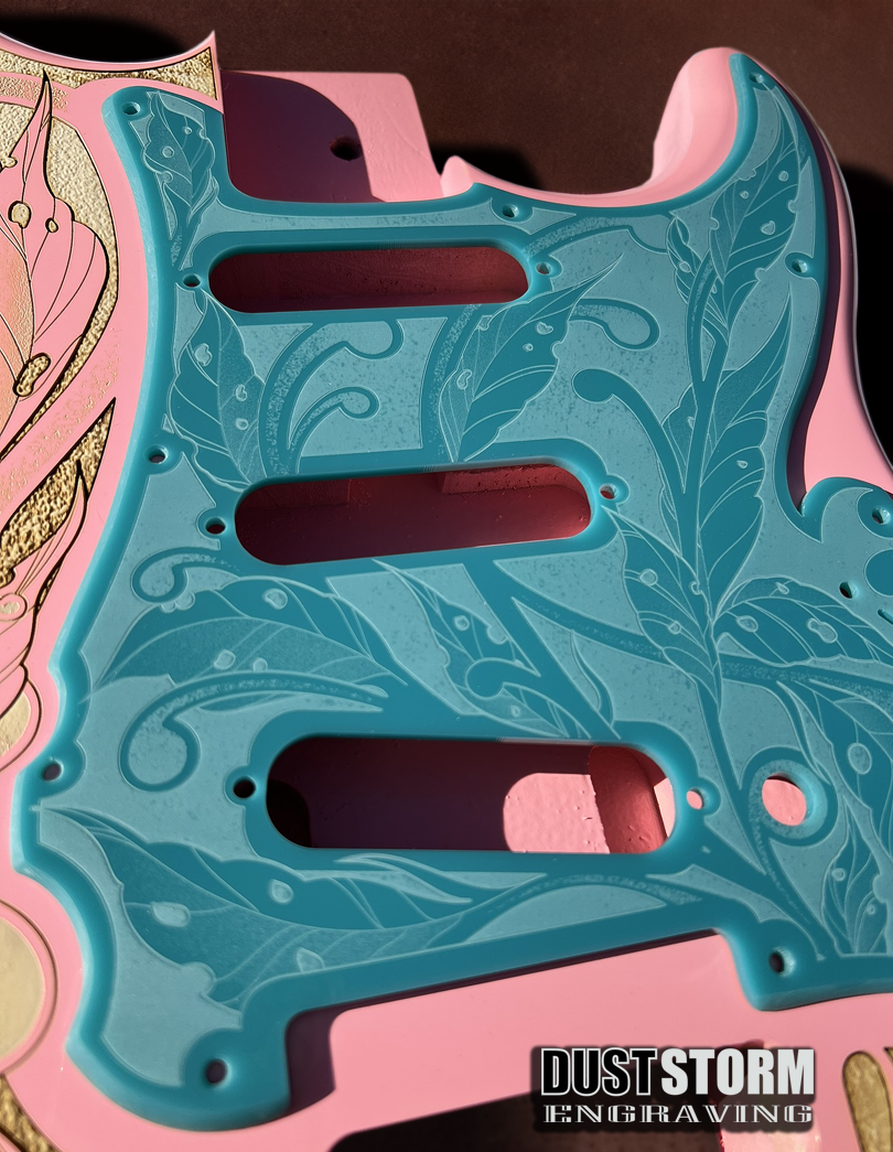 Custom Laser Engraved Pink Fender Strat Style Guitar Body with Glossy Teal Acrylic Pickguard and Tremolo Cover HSH, HSS, SSS Setups Available