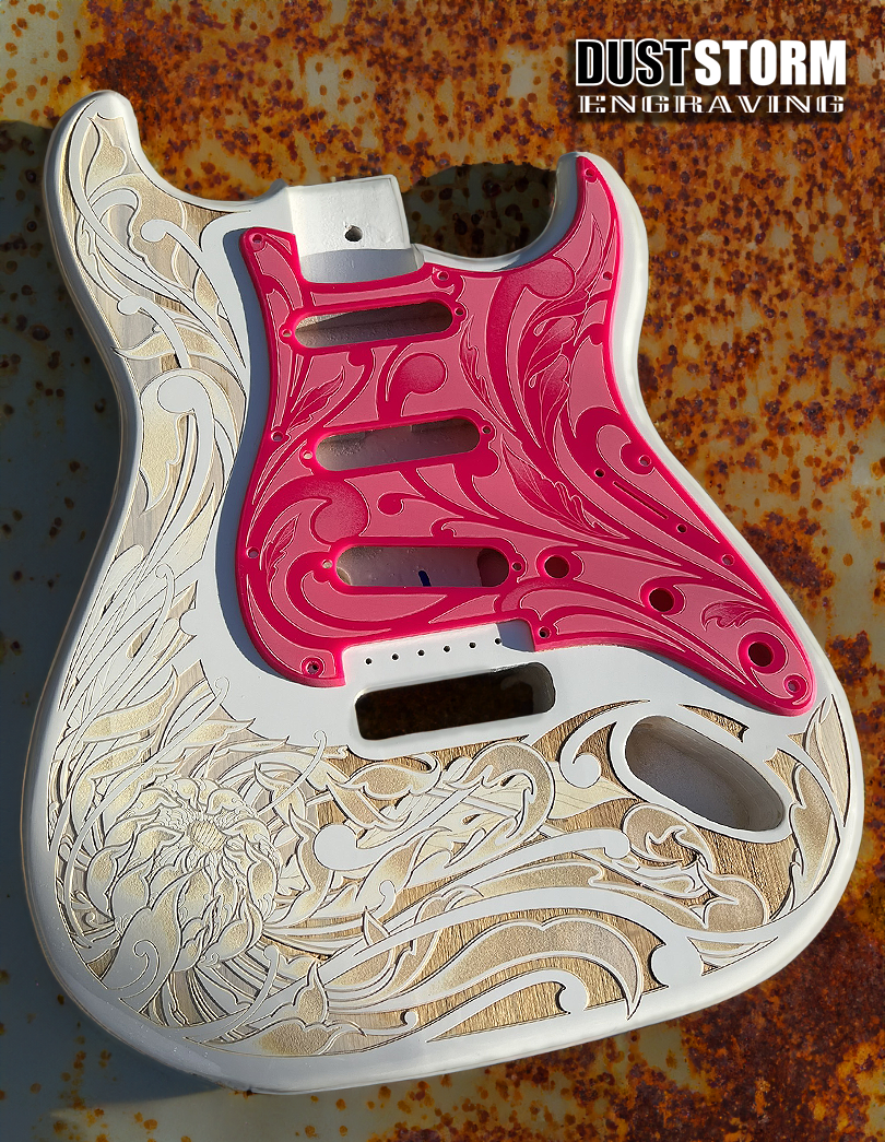 Custom Laser Engraved White Fender Strat Style Guitar Body with Glossy Hot Pink Acrylic Pickguard and Tremolo Cover HSH, HSS, SSS Setups Available