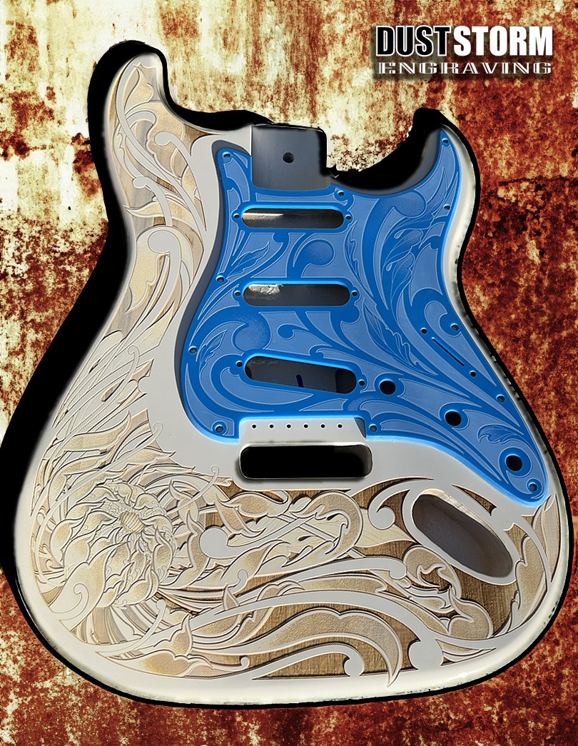 Custom Laser Engraved White Fender Strat Style Guitar Body with Glossy Sky-Blue Acrylic Pickguard and Tremolo Cover HSH, HSS, SSS Setups Available
