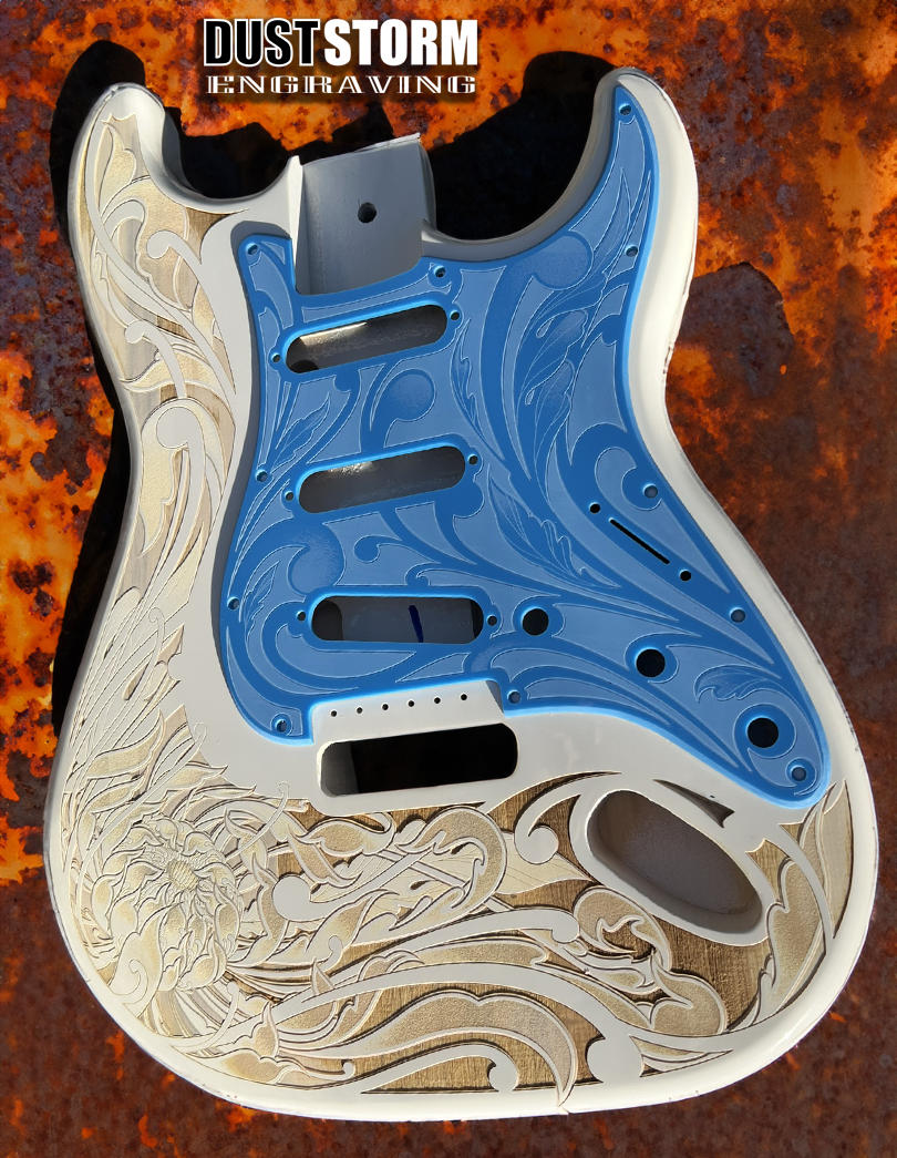 Custom Laser Engraved White Fender Strat Style Guitar Body with Glossy Sky-Blue Acrylic Pickguard and Tremolo Cover HSH, HSS, SSS Setups Available