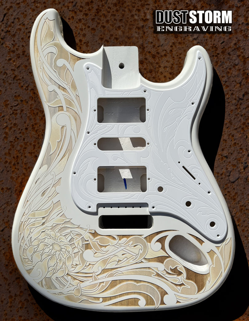 Custom Laser Engraved White Fender Strat Style Guitar Body with Glossy White Acrylic Pickguard and Tremolo Cover HSH, HSS, SSS Setups Available