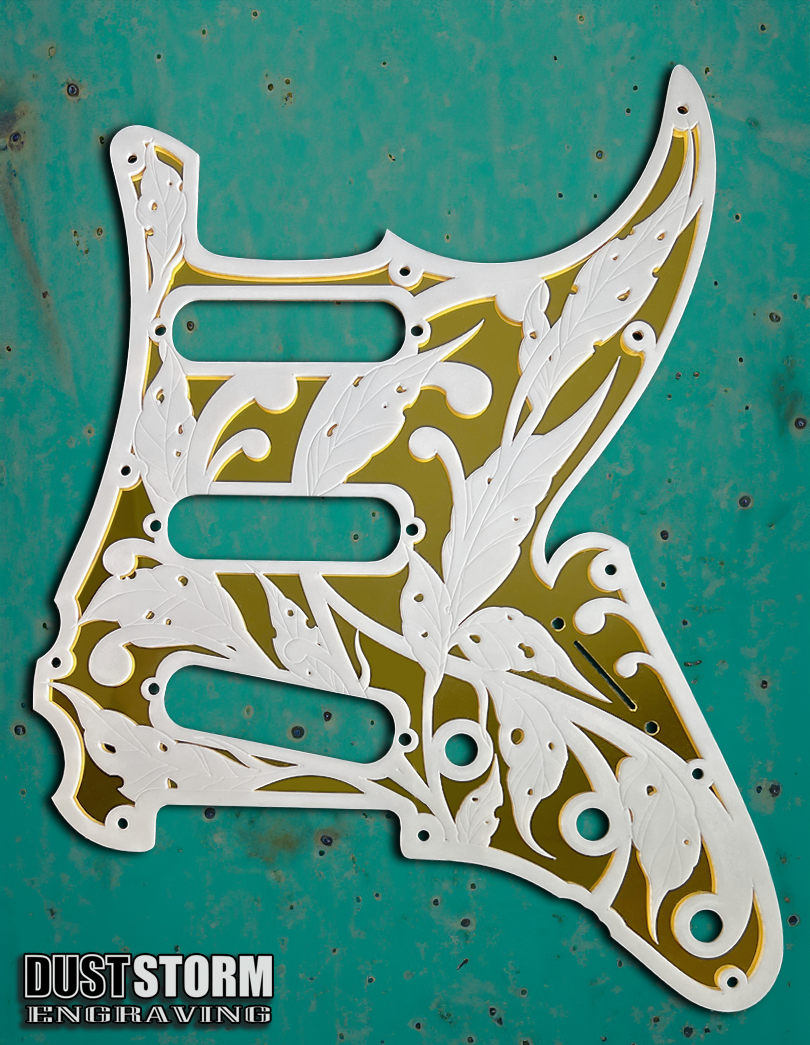 Custom Laser Engraved Blue Sparkle Fender Strat Style Guitar Body with White and Gold Layered Pickguard with White Tremolo Cover HSH, HSS, SSS Setups Available