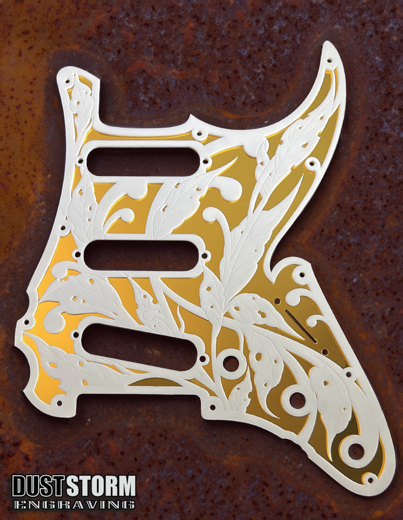 Custom Laser Engraved Blue Sparkle Fender Strat Style Guitar Body with White and Gold Layered Pickguard with White Tremolo Cover HSH, HSS, SSS Setups Available