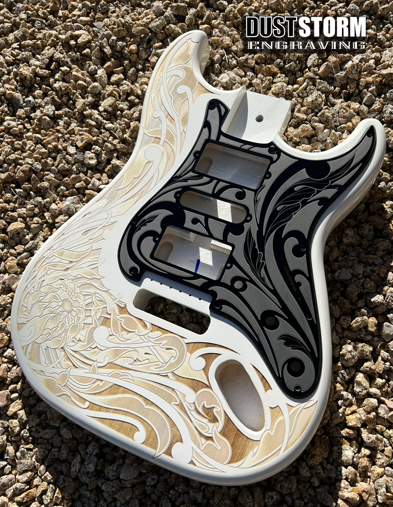 Custom Laser Engraved White Fender Strat Style Guitar Body with Glossy Black Acrylic Pickguard and Tremolo Cover HSH, HSS, SSS Setups Available