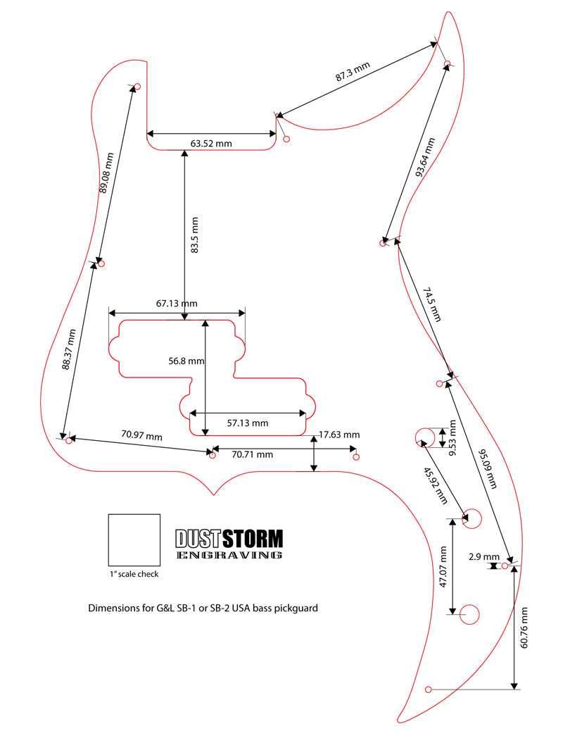 Laser Engraved Pickguard for G&L SB-1 or SB-2 USA bass in Silver Acrylic Mirror