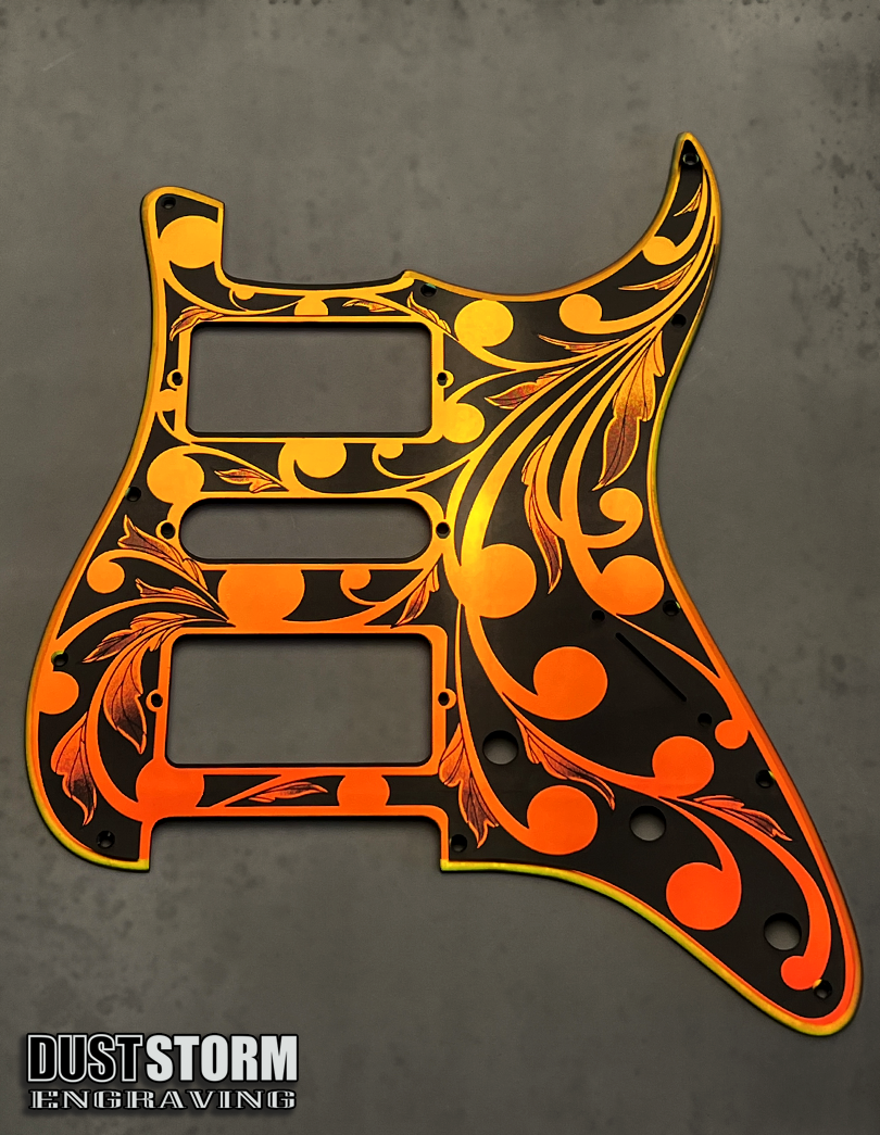 Custom Laser Engraved White Fender Strat Style Guitar Body with Iridescent Gold Acrylic Mirror Pickguard and Tremolo Cover HSH, HSS, SSS Setups Available