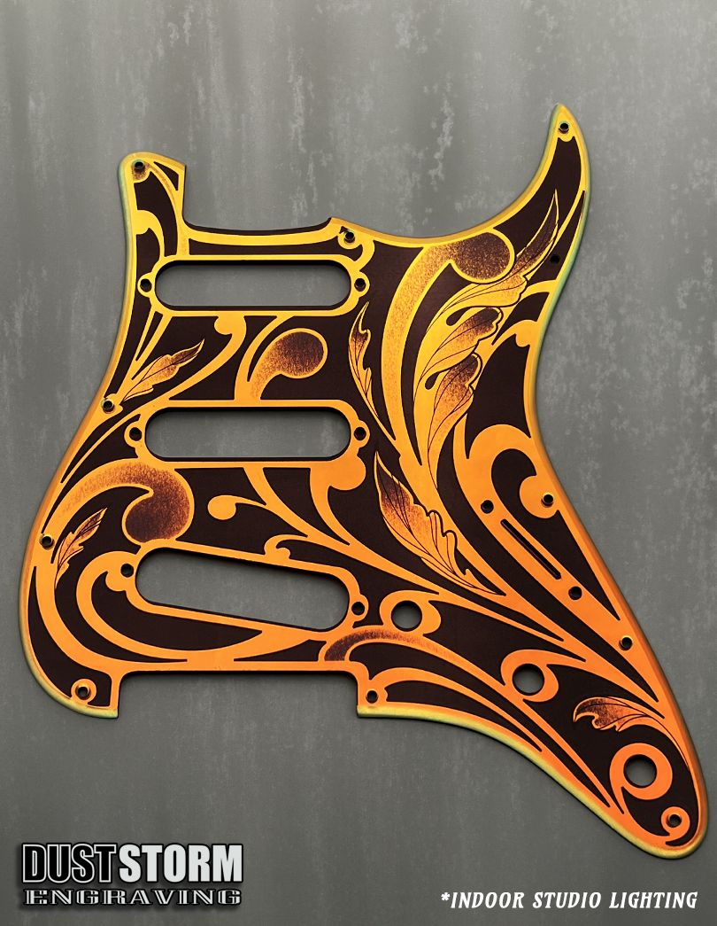 Engraved Pickguard & Free Tremolo Cover in Iridescent Gold Acrylic Mirror Design #1 for Fender Stratocaster HSH, HSS, SSS Setups Available