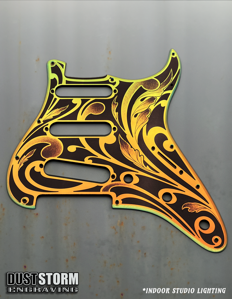 Engraved Pickguard & Free Tremolo Cover in Iridescent Gold Acrylic Mirror Design #1 for Fender Stratocaster HSH, HSS, SSS Setups Available