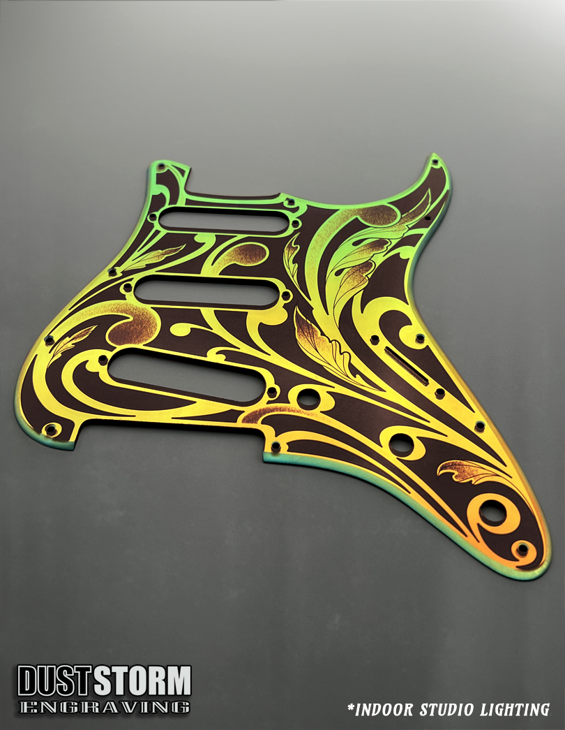 Engraved Pickguard & Free Tremolo Cover in Iridescent Gold Acrylic Mirror Design #1 for Fender Stratocaster HSH, HSS, SSS Setups Available