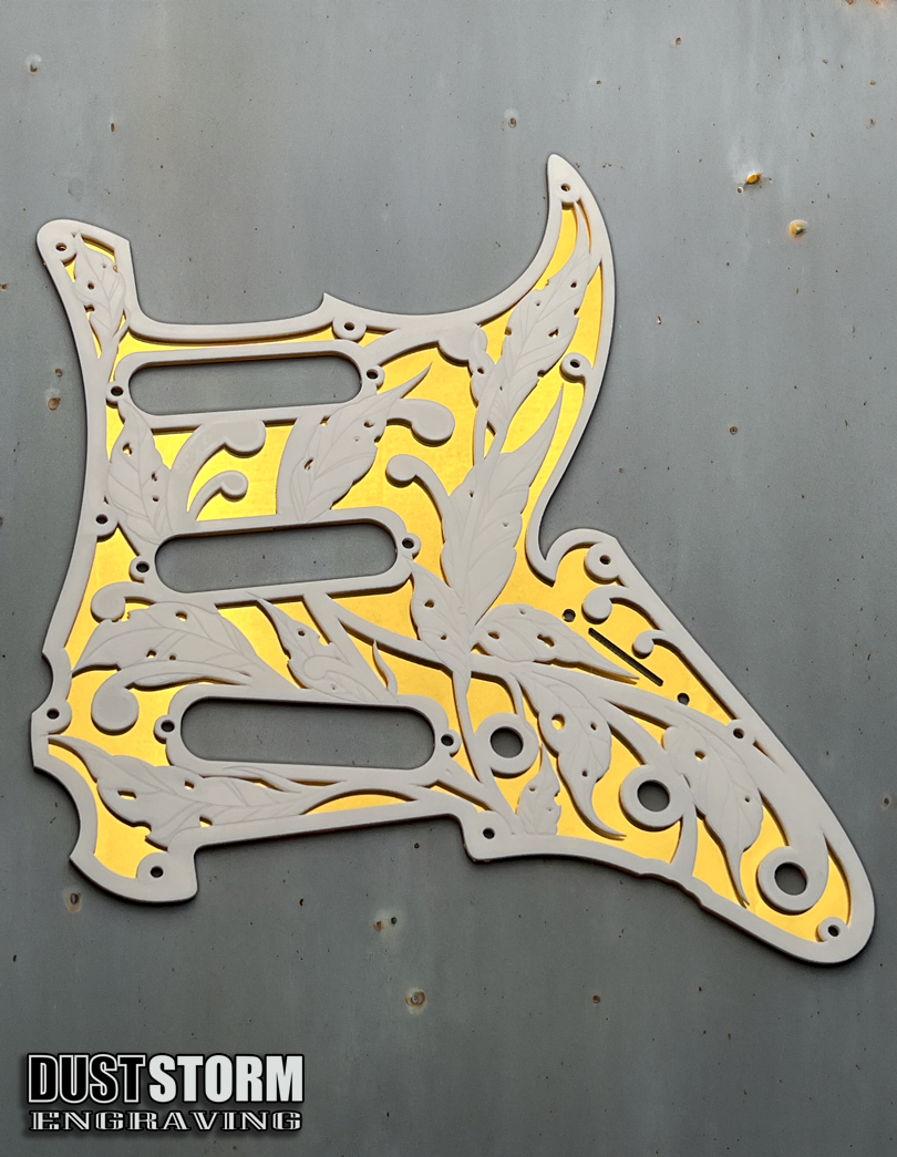 Custom Laser Engraved Blue Sparkle Fender Strat Style Guitar Body with White and Gold Layered Pickguard with White Tremolo Cover HSH, HSS, SSS Setups Available