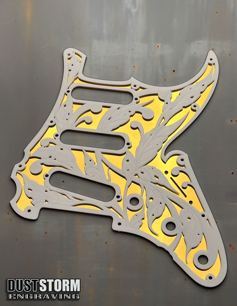 Custom Laser Engraved Blue Sparkle Fender Strat Style Guitar Body with White and Gold Layered Pickguard with White Tremolo Cover HSH, HSS, SSS Setups Available