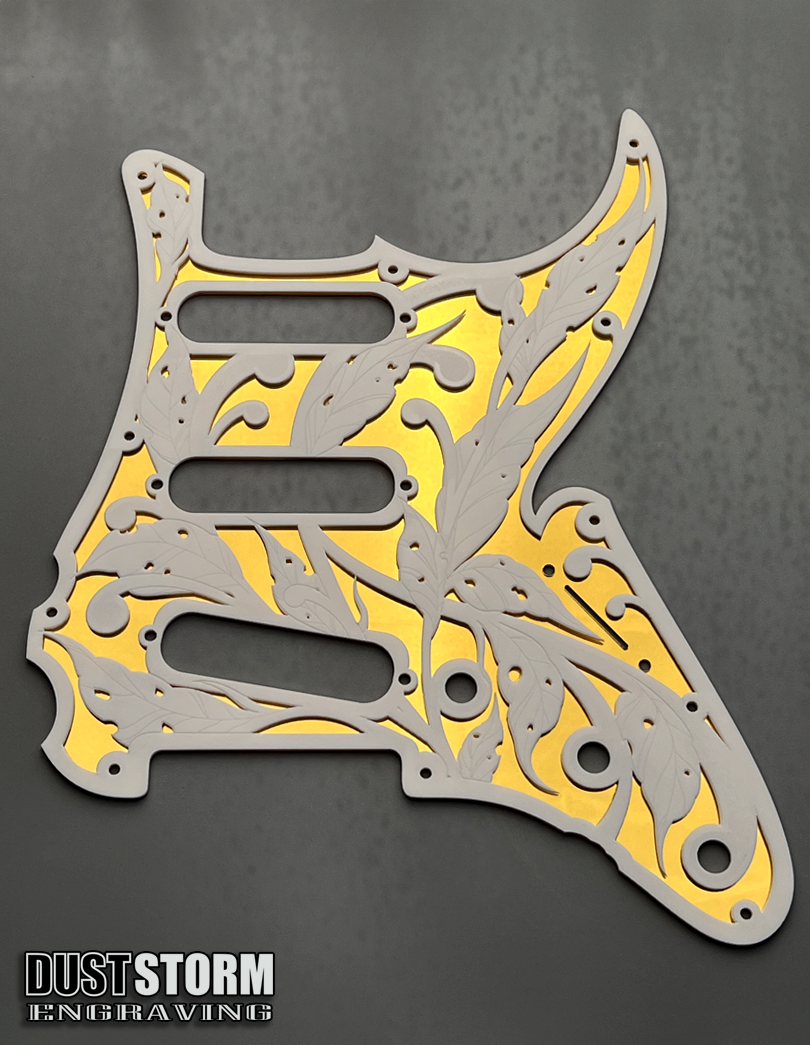 Custom Laser Engraved Blue Sparkle Fender Strat Style Guitar Body with White and Gold Layered Pickguard with White Tremolo Cover HSH, HSS, SSS Setups Available