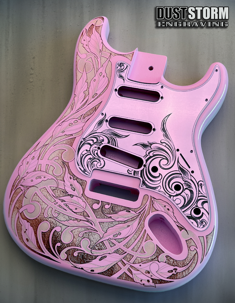 Custom Laser Engraved Pink Fender Strat Style Guitar Body with Lavender Acrylic Mirror Pickguard and Tremolo Cover HSH, HSS, SSS Setups Available