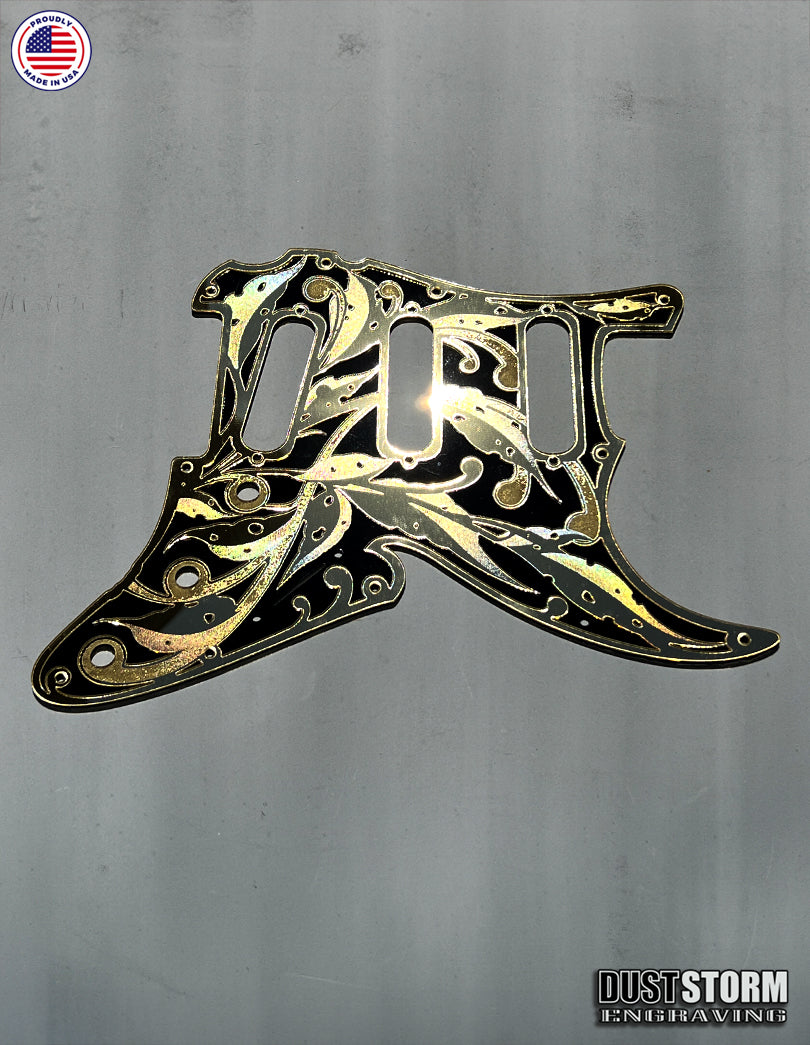 Engraved Layered Pickguard with Tremolo Cover in Acrylic Gold Mirror with Glossy Black for Fender Stratocaster HSH, HSS, SSS Setups Available