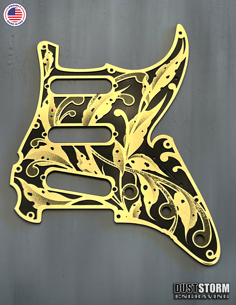 Engraved Layered Pickguard with Tremolo Cover in Acrylic Gold Mirror with Glossy Black for Fender Stratocaster HSH, HSS, SSS Setups Available