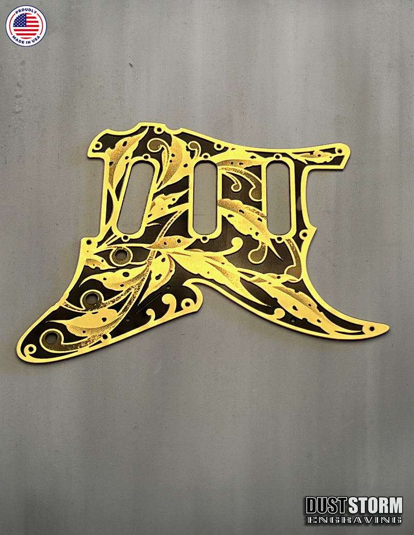 Engraved Layered Pickguard with Tremolo Cover in Acrylic Gold Mirror with Glossy Black for Fender Stratocaster HSH, HSS, SSS Setups Available