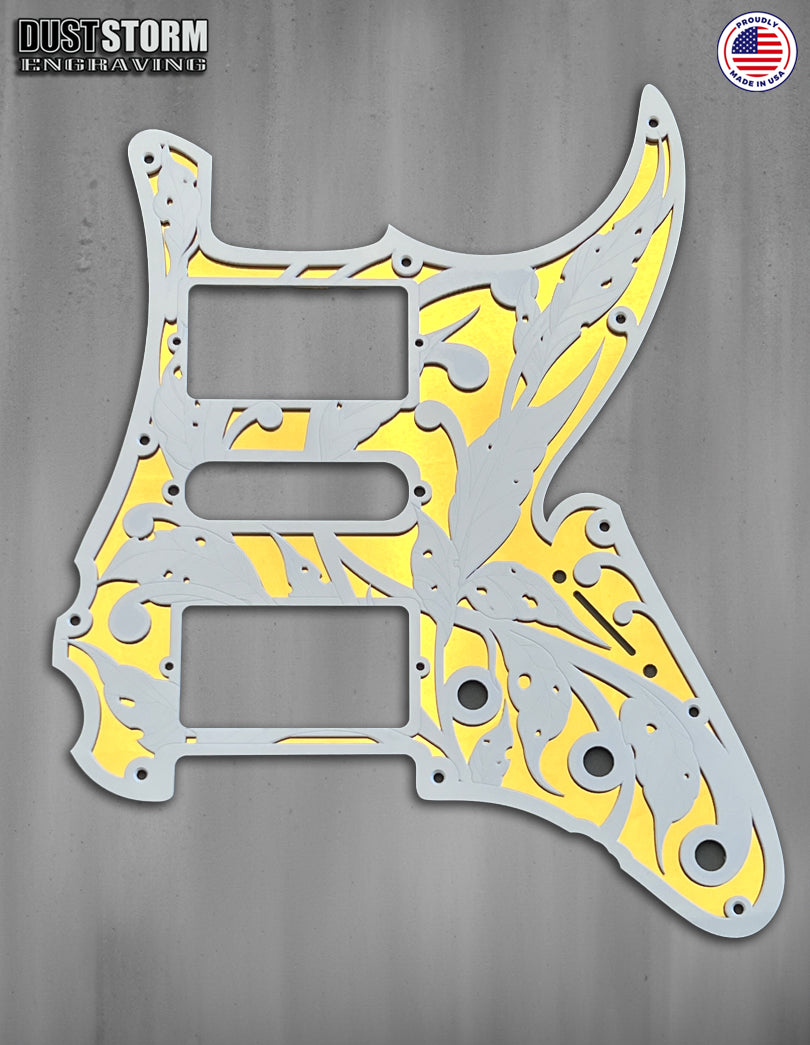 Shell Pink XGP Stratocaster Style Laser Engraved Guitar Body with White and Gold Layered Pickguard with White Tremolo Cover HSH, HSS, SSS Setups Available