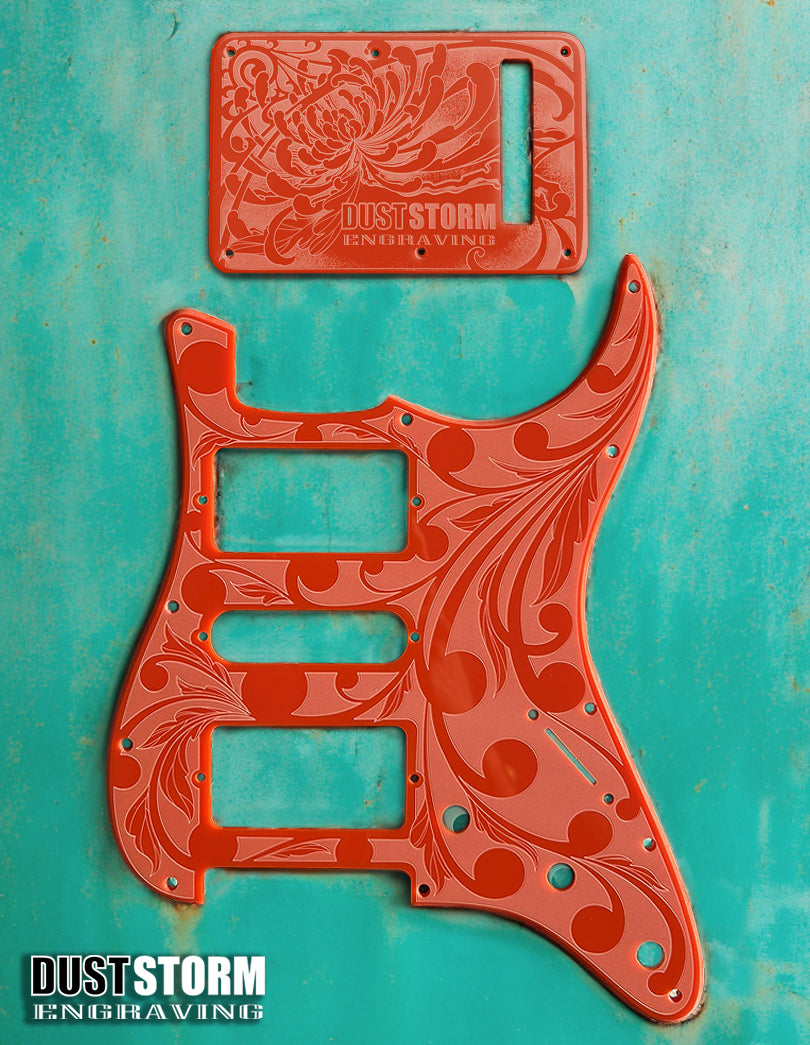 Custom Laser Engraved White Fender Strat Style Guitar Body with Glossy Orange Acrylic Pickguard and Tremolo Cover HSH, HSS, SSS Setups Available