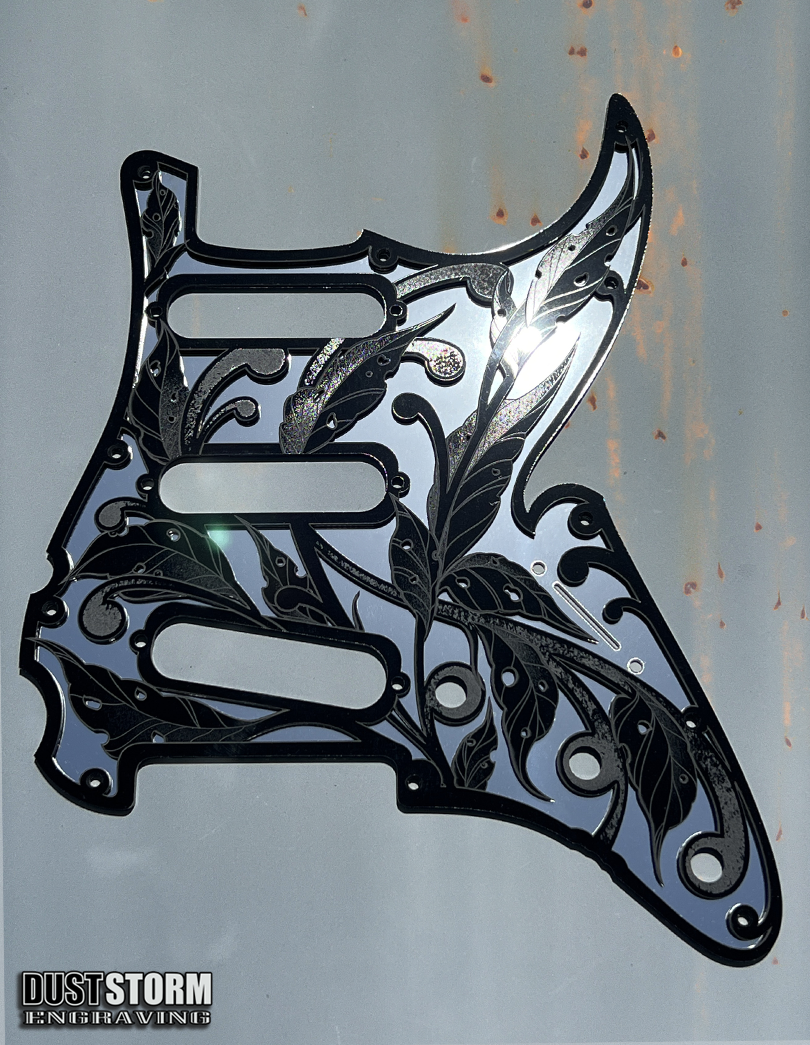 Engraved Layered Pickguard & Free Tremolo Cover in Acrylic Silver Mirror with Glossy Black Design #3 for Fender Stratocaster HSH, HSS, SSS Setups Available