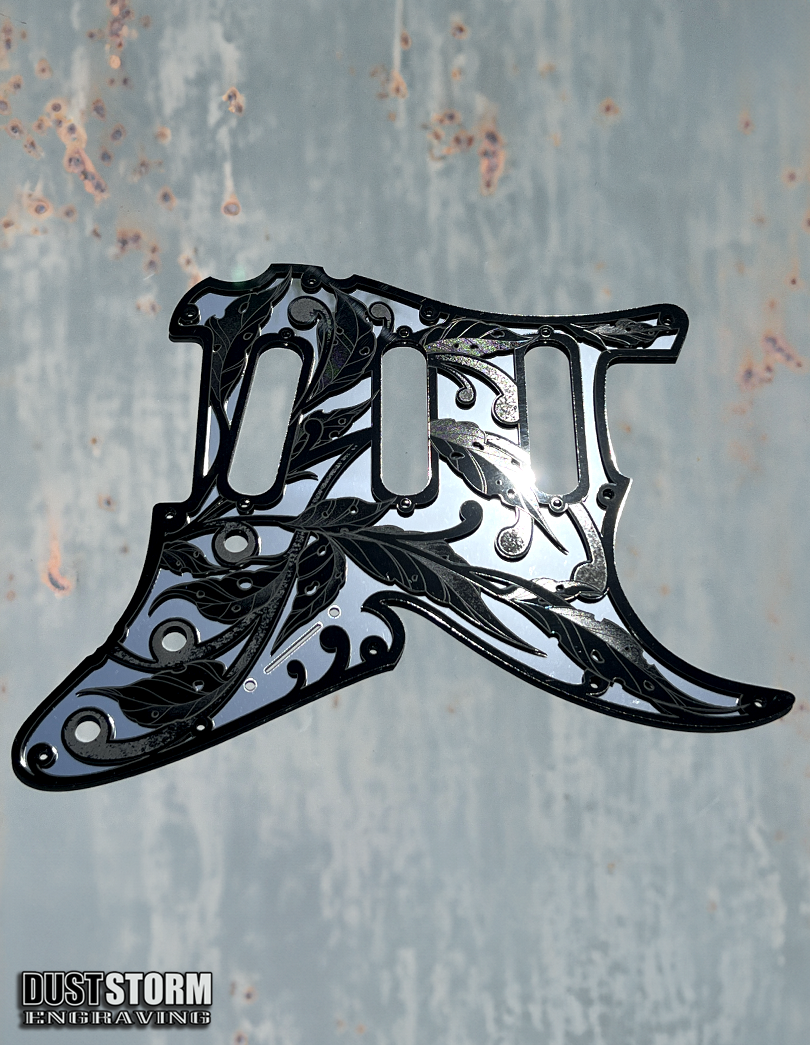 Engraved Layered Pickguard & Free Tremolo Cover in Acrylic Silver Mirror with Glossy Black Design #3 for Fender Stratocaster HSH, HSS, SSS Setups Available