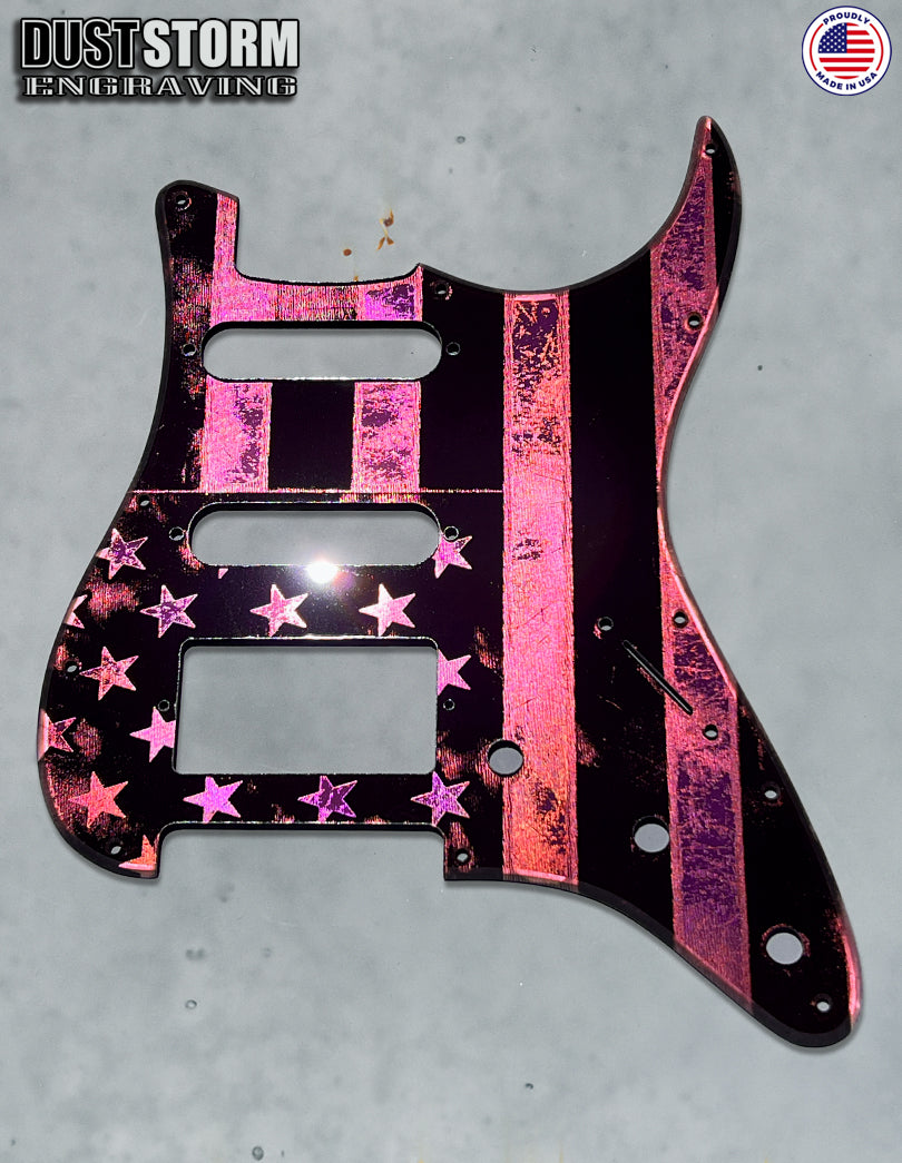 American Flag Pickguard & Free Tremolo Cover in Pink Acrylic Mirror for Fender Stratocaster SSS, HSS, HSH Setups Available
