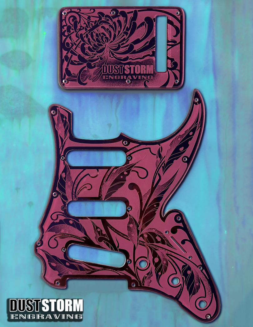 Custom Laser Engraved Pink Fender Strat Style Guitar Body with Pink Acrylic Mirror Pickguard and Tremolo Cover HSH, HSS, SSS Setups Available